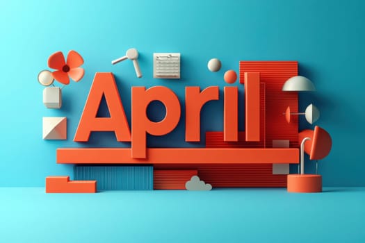 Bright and playful display featuring the word April in bold orange letters, surrounded by various geometric shapes and colorful elements against a blue backdrop, creating a cheerful ambiance.