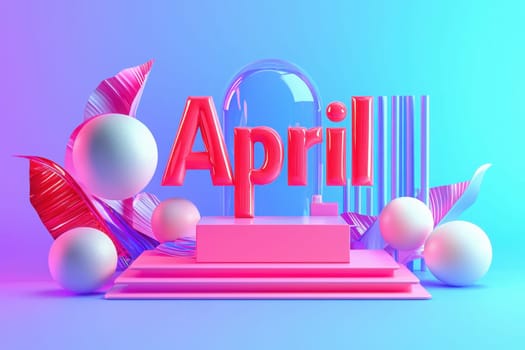 The composition showcases the word April in bold red letters, surrounded by abstract shapes including spheres and stylized leaves. The colorful background transitions from blue to pink.