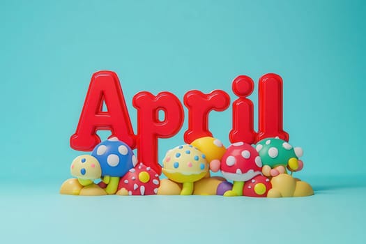 Bright red letters spell April, surrounded by whimsical, multicolored mushrooms on a soft blue backdrop. The playful arrangement adds a cheerful touch to the spring theme.
