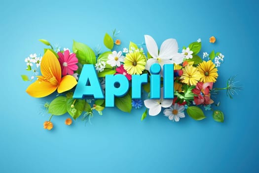 Colorful flowers and green leaves surround the word April, creating a vibrant display. The arrangement features various blossoms, symbolizing spring and renewal in a cheerful way.