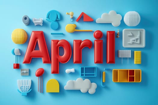 Bright and cheerful decorations display the word April in large red letters surrounded by various colorful shapes and designs. The backdrop is a calming blue, enhancing the festive feel.