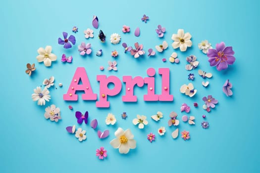 Various flowers and decorative elements create a lively display around the bright pink word April against a light blue background, symbolizing spring and new beginnings.