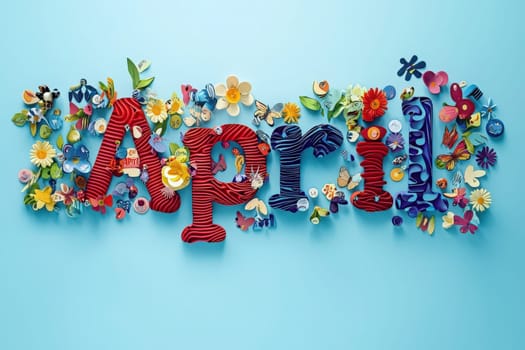 Vibrant arrangement of the word April crafted from various colorful materials, surrounded by flowers and artistic embellishments on a light blue backdrop, creating a cheerful spring atmosphere.