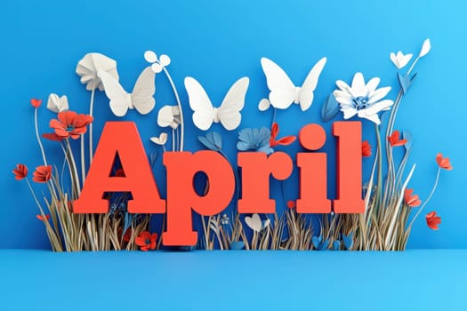 The vibrant display features the word April in bold orange letters, surrounded by white butterflies and colorful flowers against a cheerful blue backdrop.