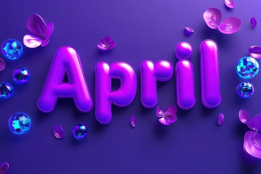 The vibrant word April is prominently displayed in bold purple letters, surrounded by sparkling blue gems and delicate pink petals, creating a festive atmosphere suitable for spring.