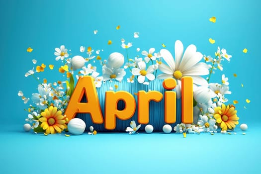 Vibrant display featuring the month April in bold letters surrounded by colorful flowers and decorative objects on a bright blue background, evoking the essence of springtime.