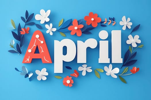 Bright and cheerful decoration displays the word April with colorful paper flowers and leaves. The playful arrangement captures the freshness of spring, enhancing any festive atmosphere.