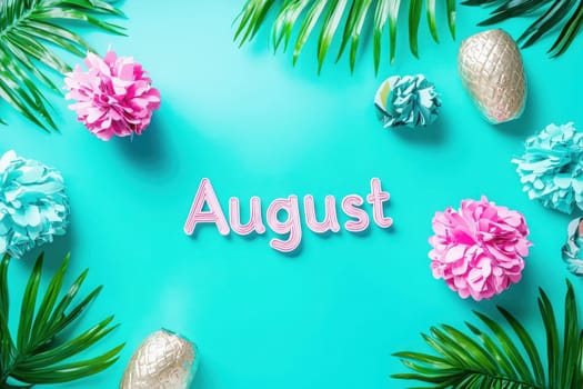 Brightly colored decorations surround the word August on a turquoise background. Floral shapes and metallic accents create a celebratory atmosphere, ideal for summer gatherings.