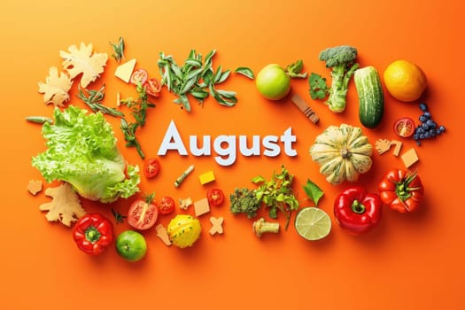 A colorful arrangement of seasonal fruits and vegetables is artistically displayed on an orange background.