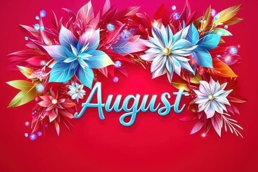 Bright and artistic arrangement of blue and white flowers along with red leaves surrounding the word August. The bold colors create an eye-catching and cheerful atmosphere.