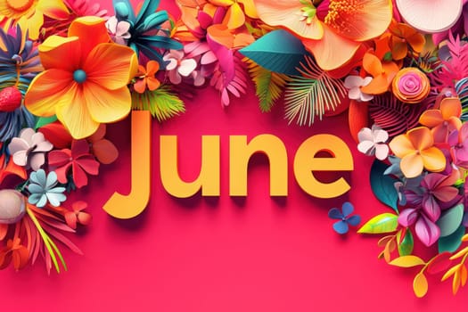 Bold yellow letters spell out June surrounded by an array of colorful paper flowers against a bright pink background, creating an energetic and festive atmosphere perfect for summer celebrations.