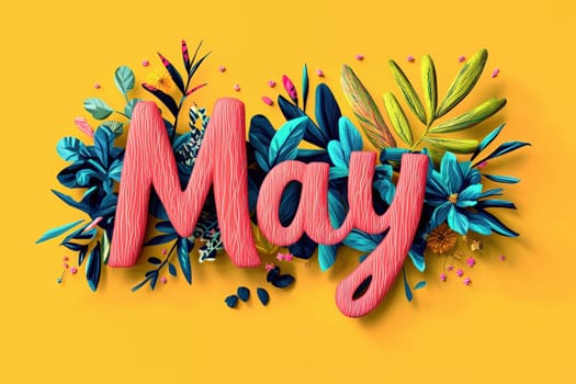 A lively design showcases the word May in bold pink letters, surrounded by vibrant green and blue leaves and flowers against a bright yellow background, celebrating the arrival of spring.