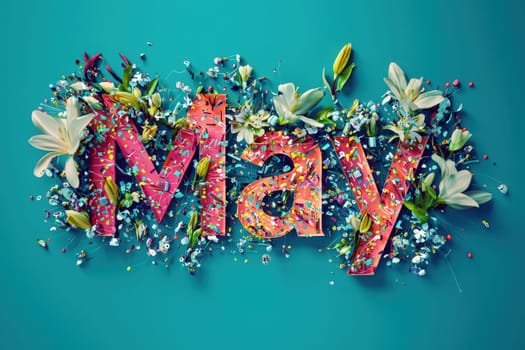 Brightly colored letters spell out May surrounded by an array of flowers and confetti. The artistic arrangement showcases a lively spring theme, perfect for welcoming the month.