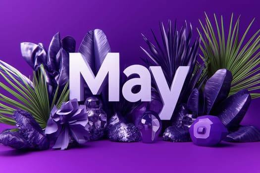 A captivating arrangement features the word May in bold white surrounded by various purple foliage and decorative elements symbolizing the vibrancy of spring.