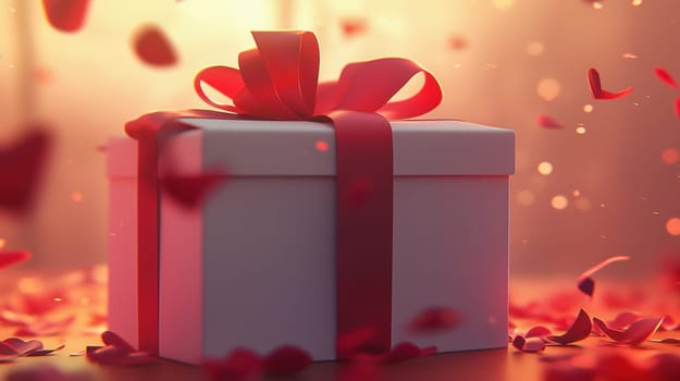 A white gift box with a red ribbon surrounded by rose petals in warm romantic lighting
