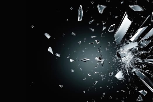 A dramatic explosion of glass shards flying on a dark background, symbolizing impact, motion, and destruction