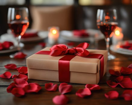 A beautifully wrapped gift box adorned with a red ribbon, set on a romantic table surrounded by rose petals and candles