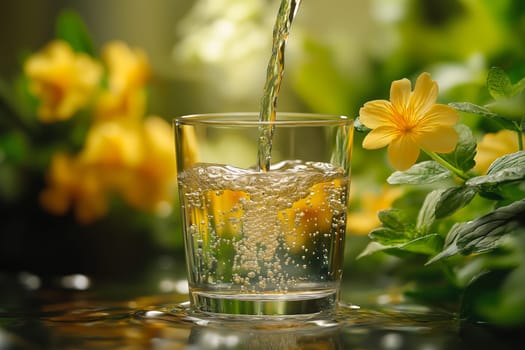 A refreshing scene of water being poured into a clear glass, surrounded by yellow flowers and green leaves. A perfect concept for hydration, nature, and wellness themes
