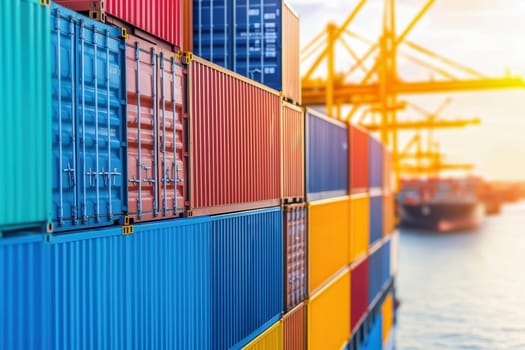 Colorful cargo containers at a global shipping hub, symbolizing international trade and logistics