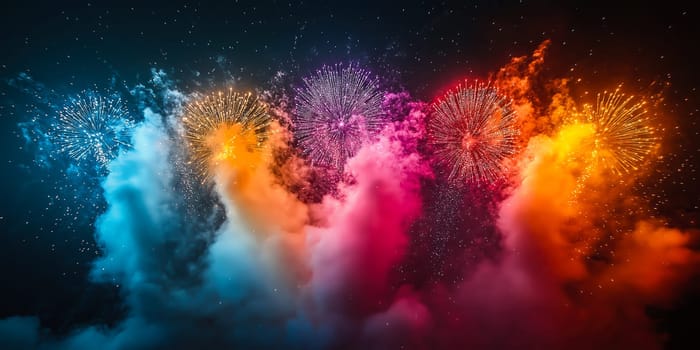 A vibrant explosion of colorful powder on a black background, creating a dynamic abstract effect