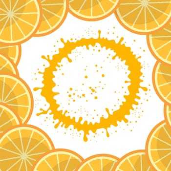 Vector Fresh Orange Sliced Frame with Circle Orange Juicy Splatter and Juice Drops on White Background. Tropical Sweet Fruit Pattern.