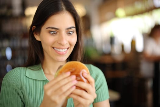 Glutton woman looking at burger in a bar interior