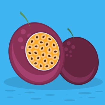 Vector Passion Fruit Pattern with Brown Seeds on Blue Background. Tropical Food Texture.