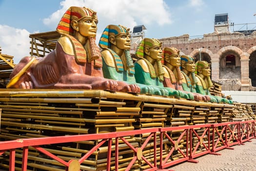 Verona, Italy - June 2022: preparing the stage for the thetre performance in the famous Arena di Verona - Aida spectacle