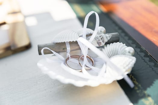 Pair of golden wedding rings tied to shells with a delicate white bow.