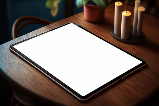 Mockup image of a tablet pc with blank desktop white screen on wooden table - concept of home office