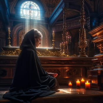 Woman praying at the alter, wearing a black dress. Ai generativ.
