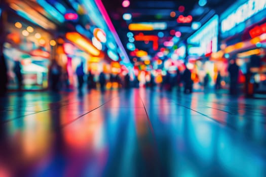 A dynamic, colorful scene featuring blurred neon signs, creating a lively and modern city atmosphere
