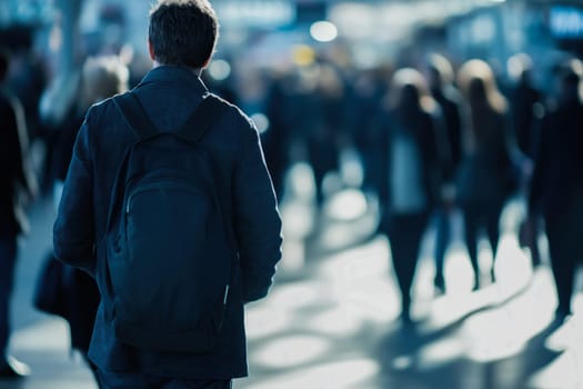 Blurred view of urban commuters walking down a city street. Represents city life, anonymity, and the pace of modern urban environments
