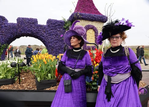 Noordwijk, Netherlands - April 22, 2023: Spectacular flower covered floats in the Bloemencorso Bollenstreek the annual spring flower parade from Noordwijk to Haarlem in the Netherlands.