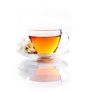 Asian green tea with jasmine flower in transparent teacup isolated on white background with reflection. Traditional chinese hot beverage in glass cup. Organic healthy herbs for alternative medicine