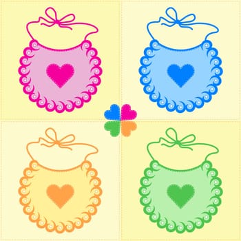 patchwork background with bibs and four leaf clover in pastel colors