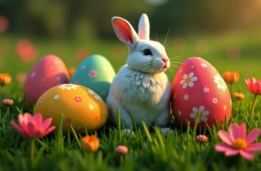 Adorable bunny sitting on vibrant grass surrounded by colorful Easter eggs and blooming flowers, creating joyful atmosphere filled with springtime cheer and love. Perfect for festive greetings