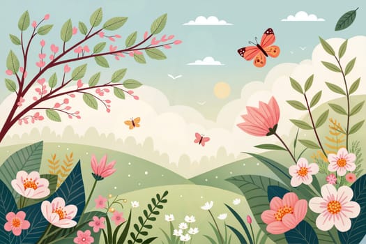 A vibrant spring scene features blooming flowers, fluttering butterflies, and lush greenery under a bright sky with gentle clouds. Generative AI.