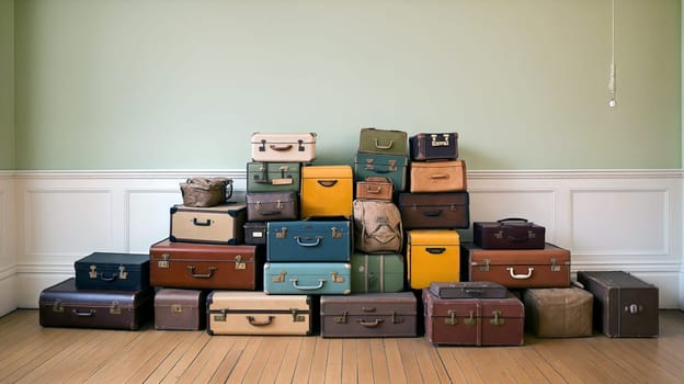 A collection of vintage luggage in various colors and sizes, artfully arranged against a light green wall in a room with wooden flooring. Generative AI.