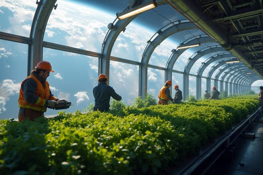 Workers in orange safety gear carefully cultivate greenery in a high-tech greenhouse, overlooking a breathtaking view of Earth and clouds in the distance. Generative AI.