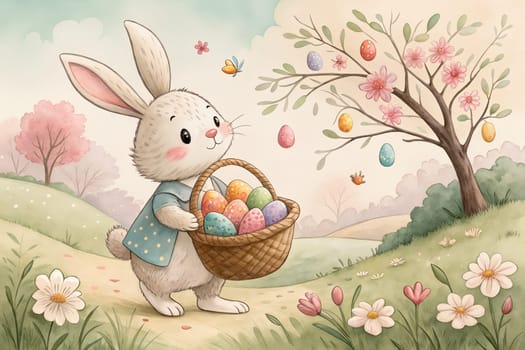 A rabbit wearing a blue shirt joyfully holds a basket of colorful eggs in a vibrant spring meadow. Butterflies flutter around blooming flowers - Generative AI.