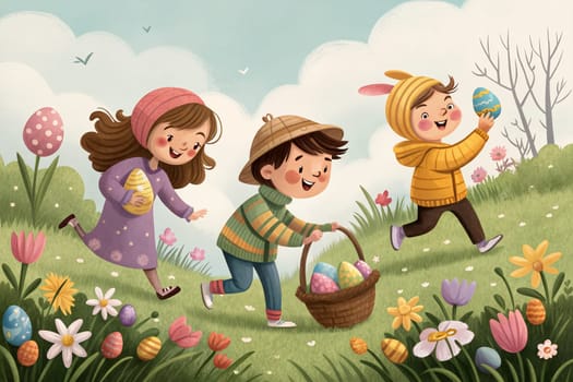 Three children run happily through a colorful field, collecting Easter eggs in a basket while surrounded by blooming flowers and playful clouds - colorful illustration - Generative AI.