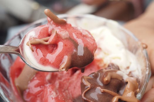 Savoring a delicious bowl of ice cream topped with various flavors.