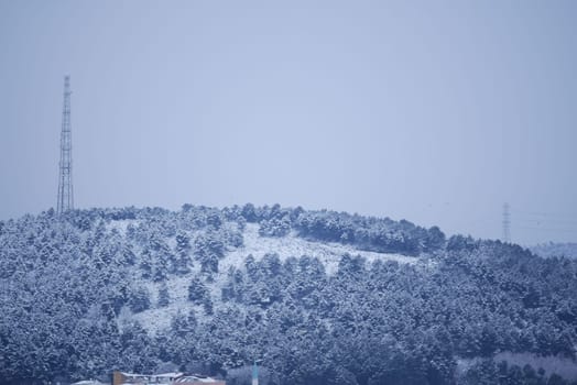 A snow-dusted mountain features a tall communication tower against a gray sky.
