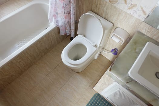 A spacious bathroom showcases a toilet, bathtub, and wash basin.