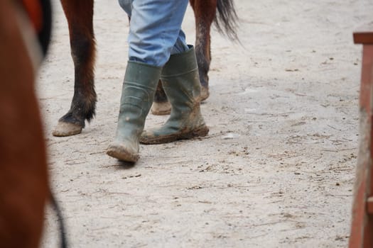Individual walks on a dirt path with horses nearby, wearing boots.