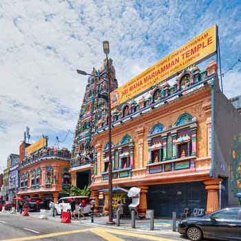 Kuala Lumpur, Malaysia - February 16, 2025: Stunning exterior of Sri Maha Mariamman Temple. Colorful carvings and intricate designs reflect the rich cultural heritage of the city