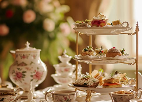 Elegant table setting for tea party with cakes and cupcakes in English manor. Selective focus. Vintage style
