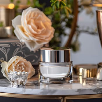 Cosmetic cream in a glass jar. Skin care concept. Background for beauty products