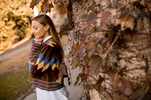 Pretty young woman standing outside at sunny autumn day